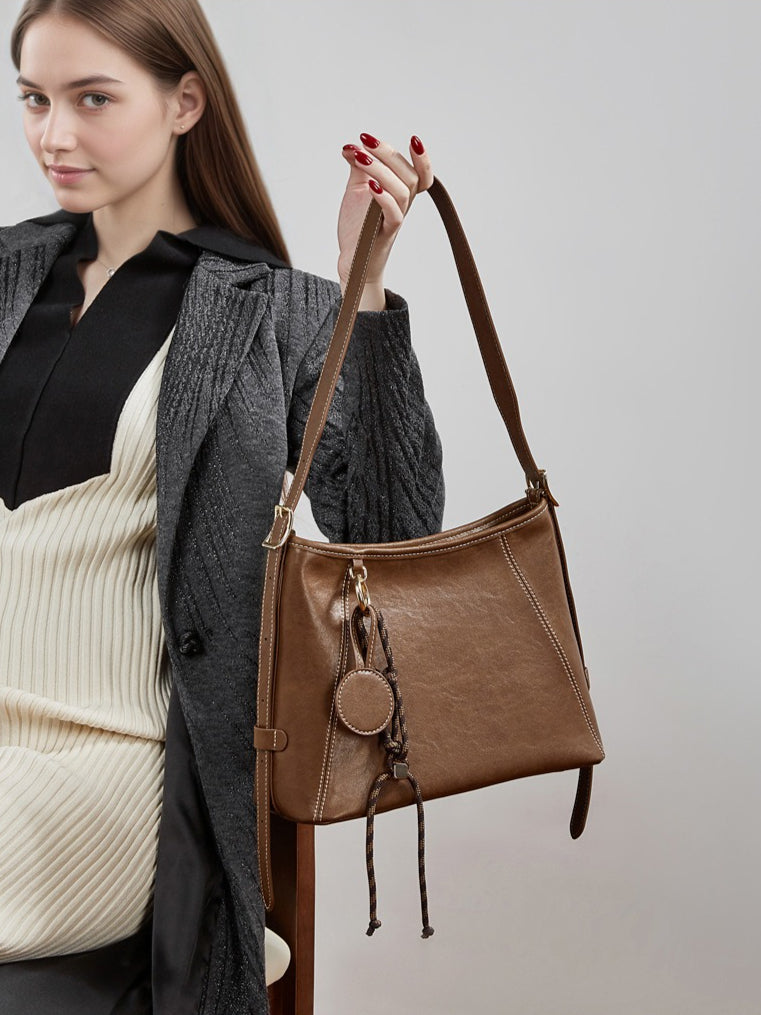 Women's Full-Grain Cowhide Contrast Stitch Hobo Bag