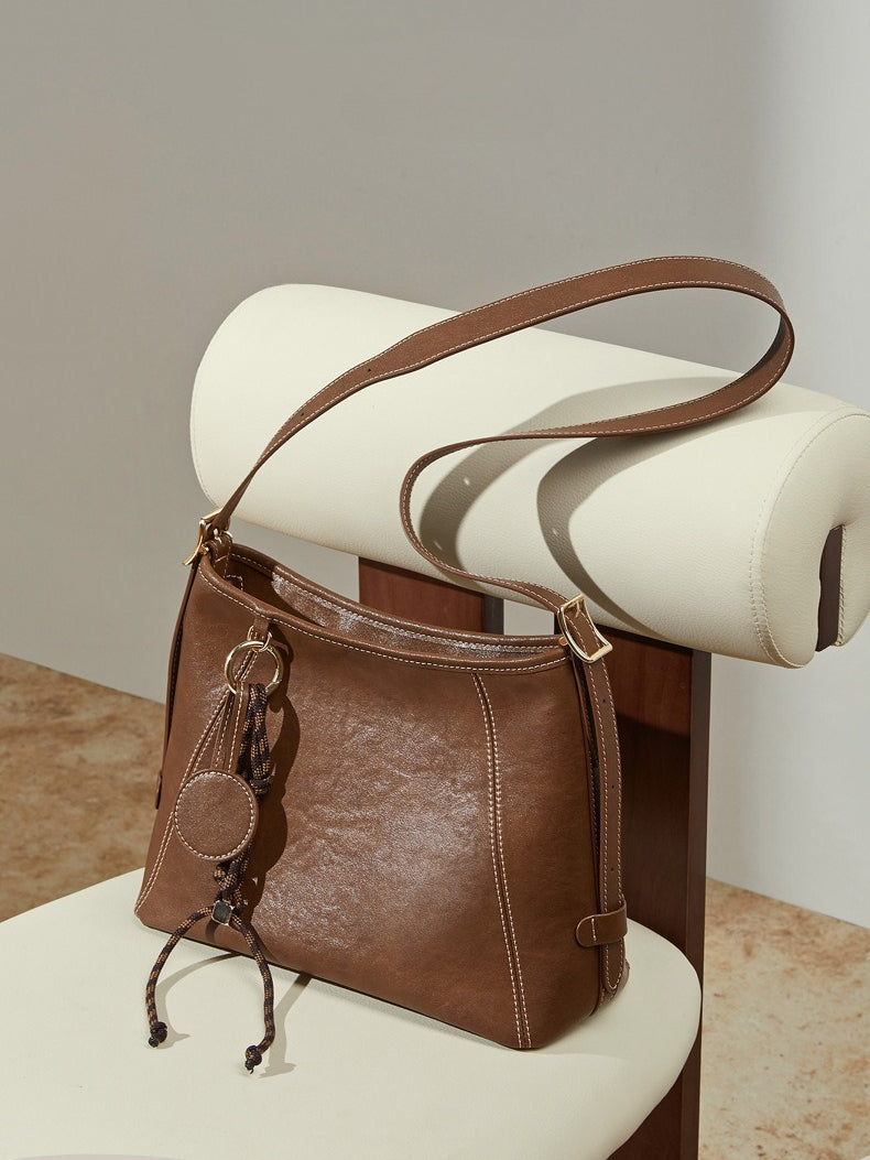 Women's Full-Grain Cowhide Contrast Stitch Hobo Bag