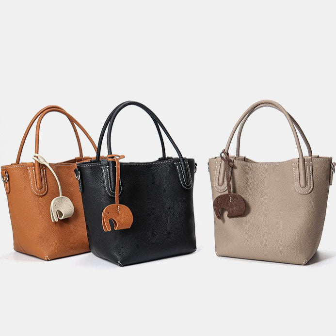 Women's Pebbled Cowhide Elephant Charm Mini Bucket Bag