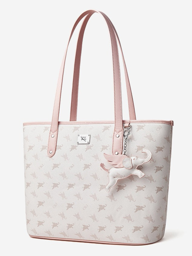Women's Flying Elephant Printed Tote Bag with Detachable Charm