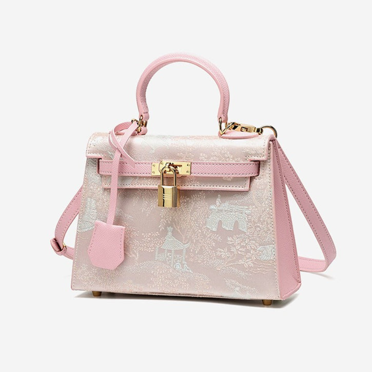 Women's Brocade Genuine Leather Kelly Bag with Padlock Charm