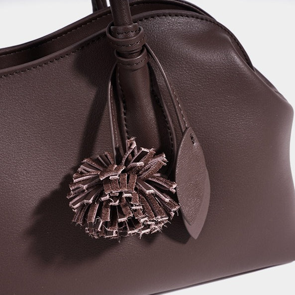 Women's Genuine Leather Curved Shoulder Clutch with Tassel Charm
