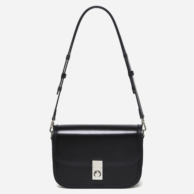 Women's Plain Cowhide Curved Satchel with Twist-Lock Closure