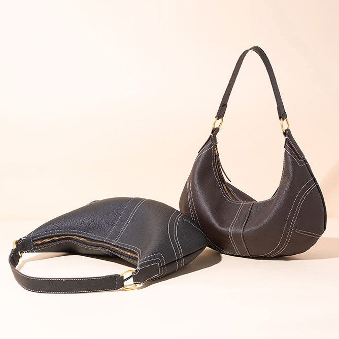 Women's Pebbled Cowhide Curved Hobo Bag with Contrast Stitching
