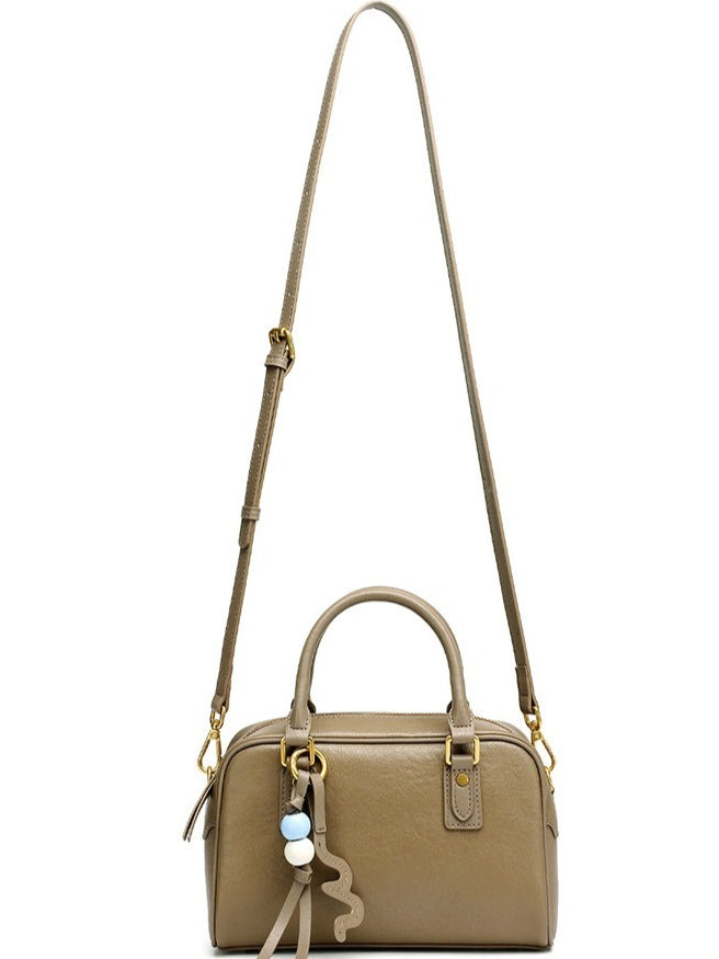 Women's Genuine Leather Boston Bag with Wavy Charm