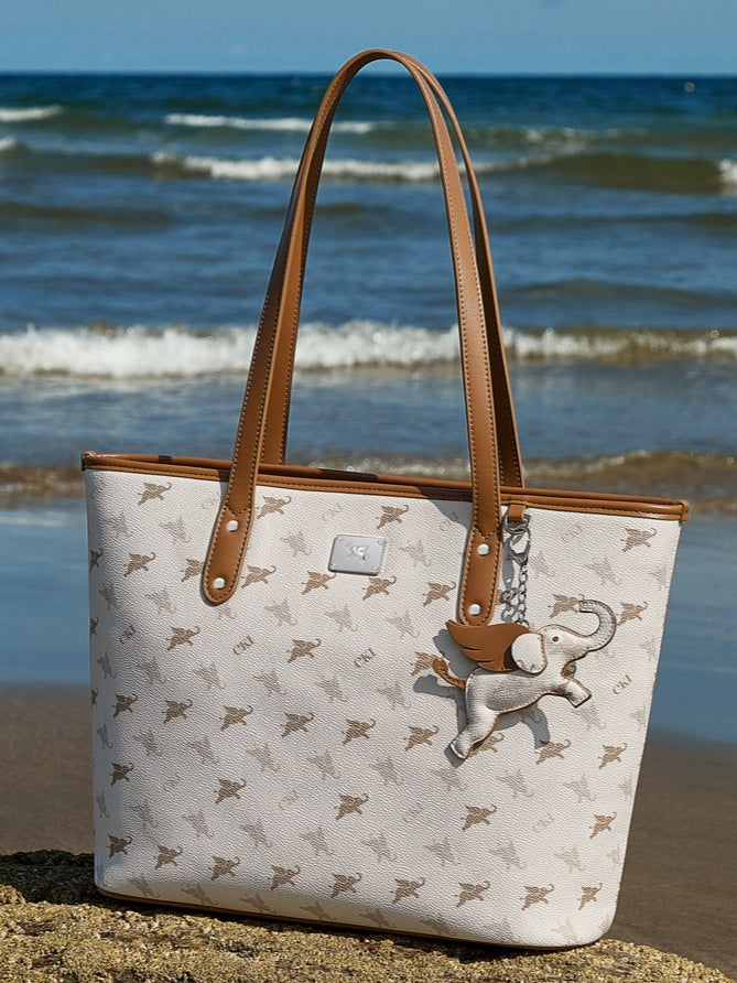 Women's Flying Elephant Printed Tote Bag with Detachable Charm