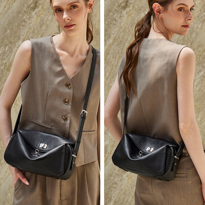 Women's Genuine Leather Envelope Flap Bag with Twist-Lock