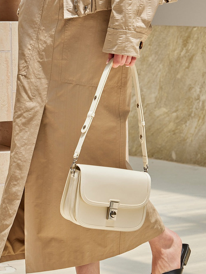 Women's Plain Cowhide Curved Satchel with Twist-Lock Closure