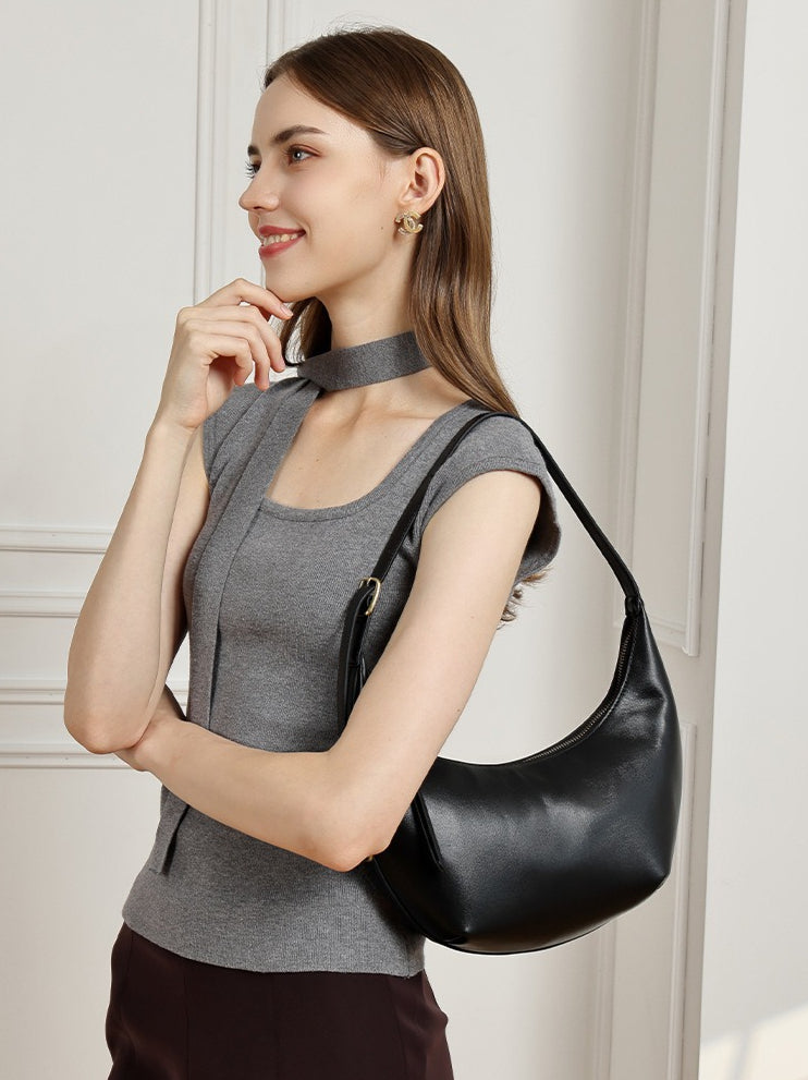Women's Oil-Waxed Cowhide Semi-Circle Top Handle Bag