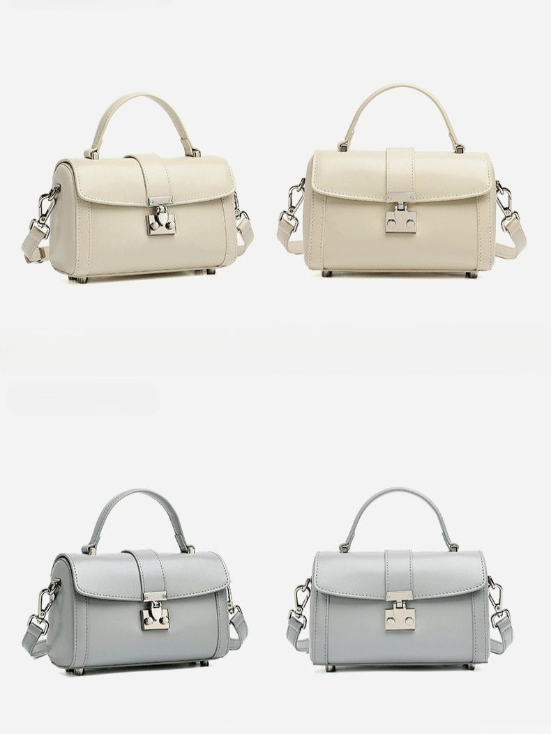 Women's Genuine Leather Cylinder Box Bag with Push Lock