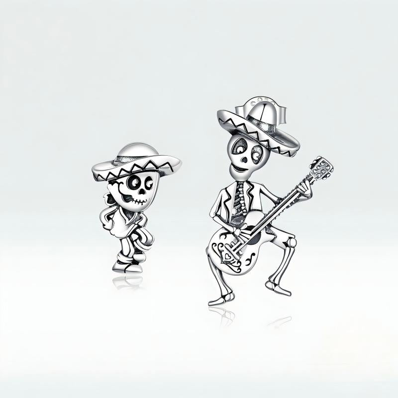 “Skeleton Serenade” S925 Sterling Silver Guitarist Skull Halloween Stud Earrings