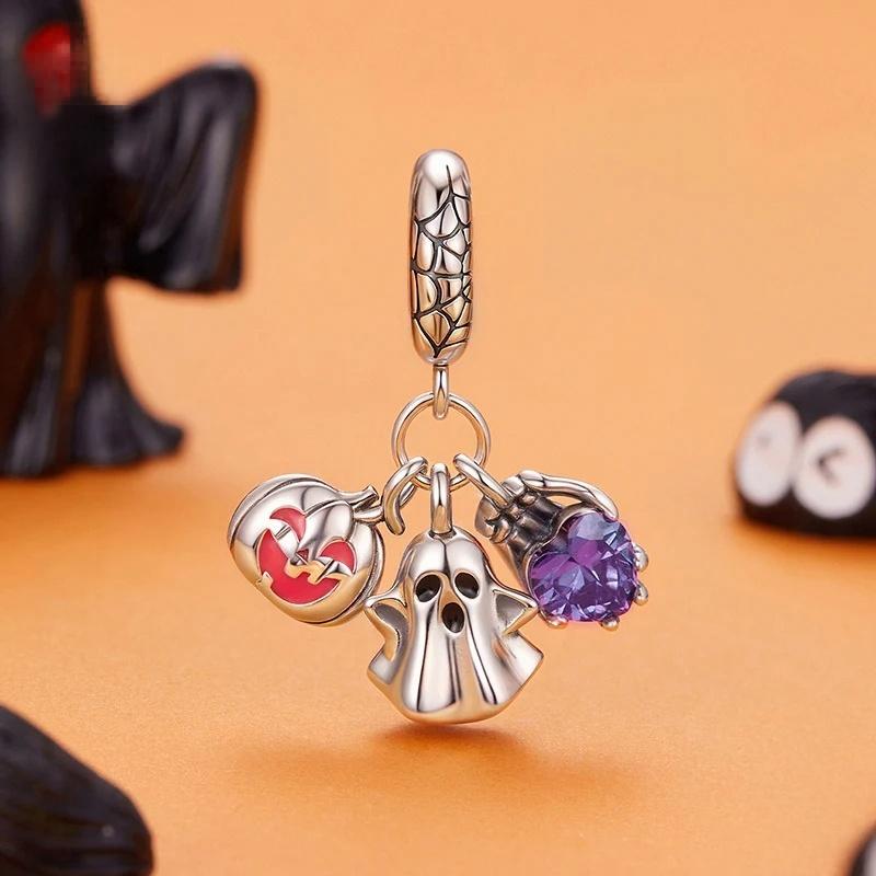 “Haunted Trio” S925 Sterling Silver Halloween Ghost Pumpkin Skull Pendant Bead