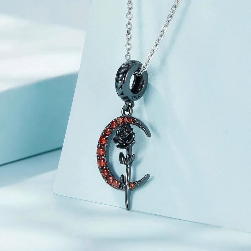“Moonlit Rose” S925 Sterling Silver Black Gold-Tone Zircon Rose Moon Pendant