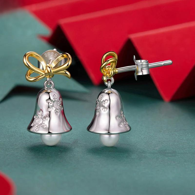 “Winter Jingle” S925 Sterling Silver Christmas Bell Bow Stud Earrings