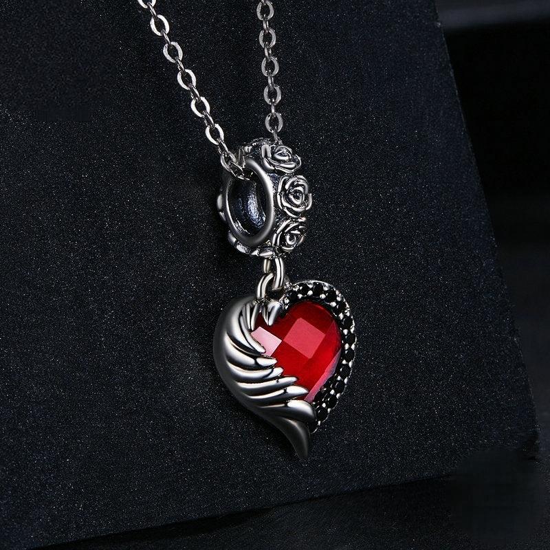 “Crimson Wing” S925 Sterling Silver Red Zircon Rose Heart Pendant Bead