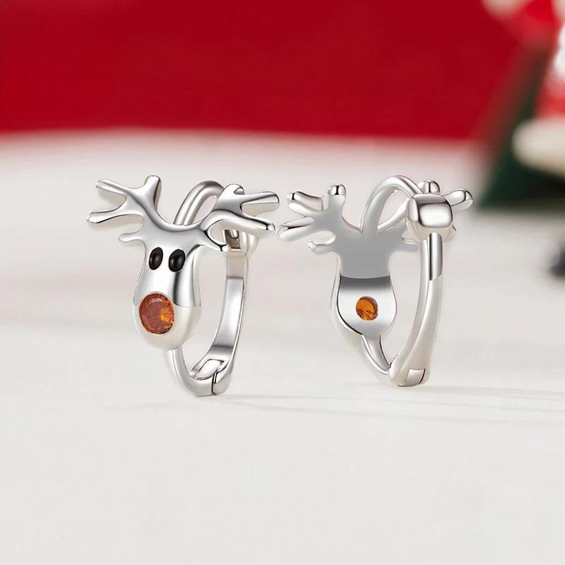 “Reindeer Charm” S925 Sterling Silver Reindeer C-Hoop Stud Earrings
