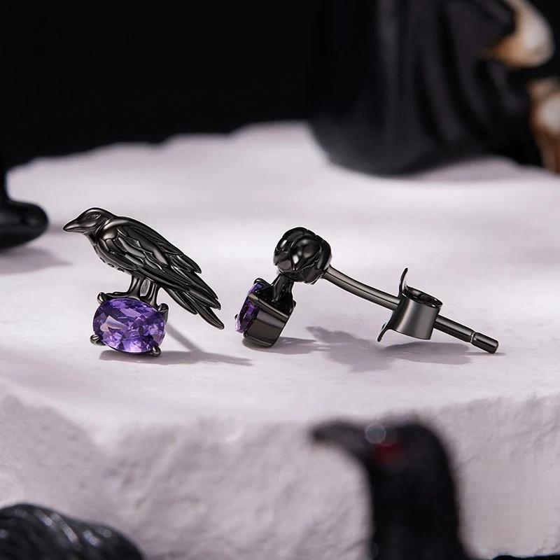 “Raven Noir” S925 Sterling Silver Gothic Raven Stud Earrings