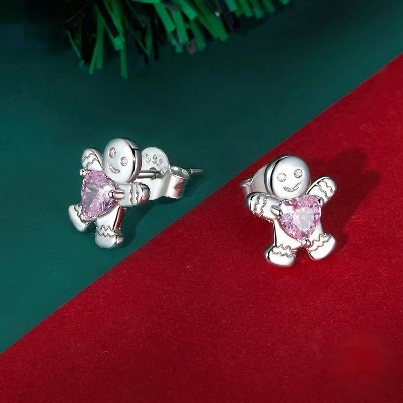 “Gingerbread Heart” S925 Sterling Silver Pink Zircon Christmas Stud Earrings