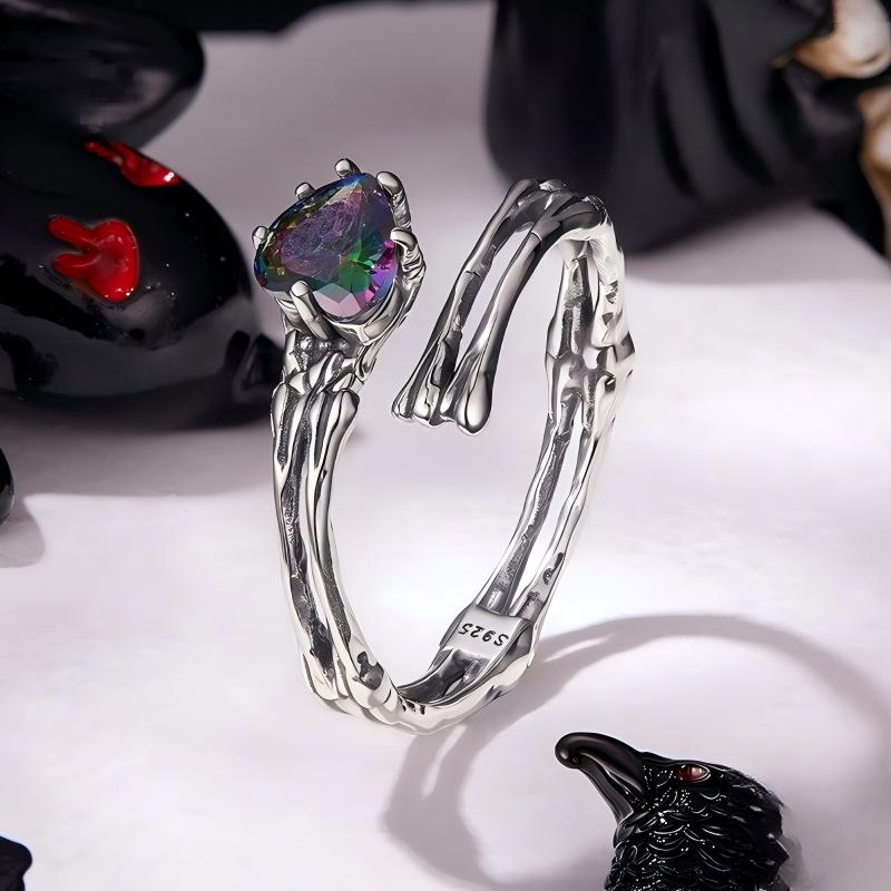“Dark Embrace” S925 Sterling Silver Open Adjustable Skull Hand Heart Ring