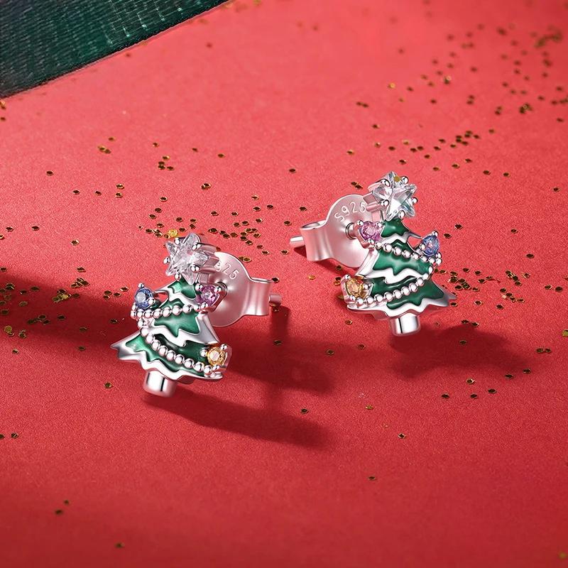 “Evergreen Glow” S925 Sterling Silver Christmas Tree Stud Earrings