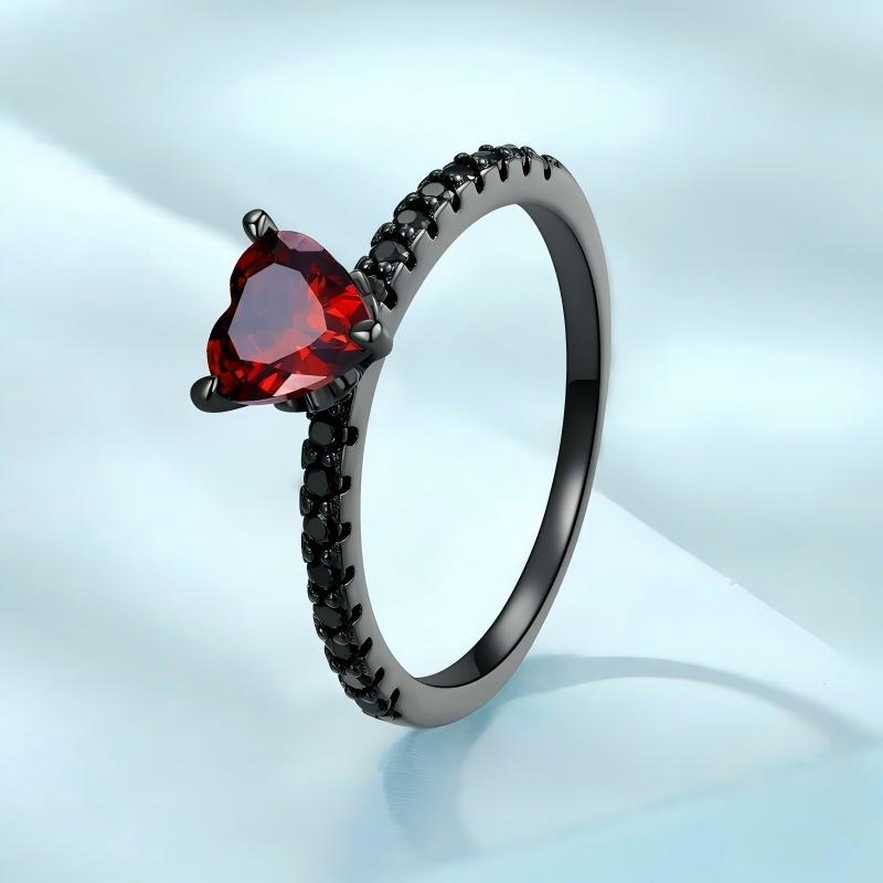 “Dark Heart” S925 Sterling Silver Black Gold Plated Red Heart Zircon Ring