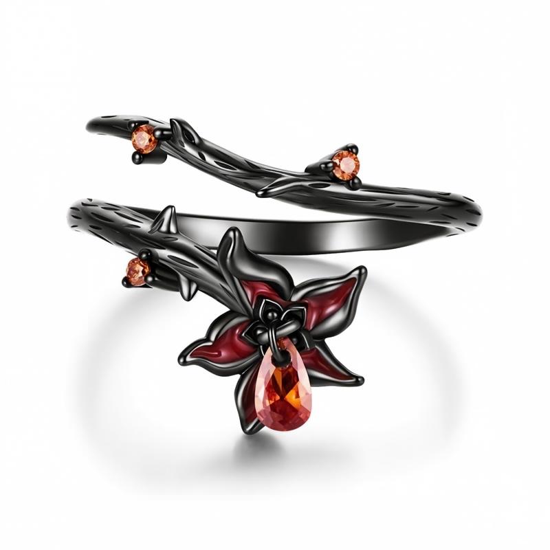 “Midnight Mandala” S925 Sterling Silver Black Gold Plated Open Adjustable Flower Ring
