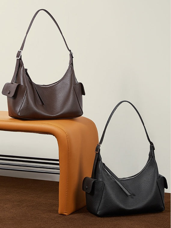 Women's Full-Grain Vegetable-Tanned Leather Tote Bag with Side Pockets