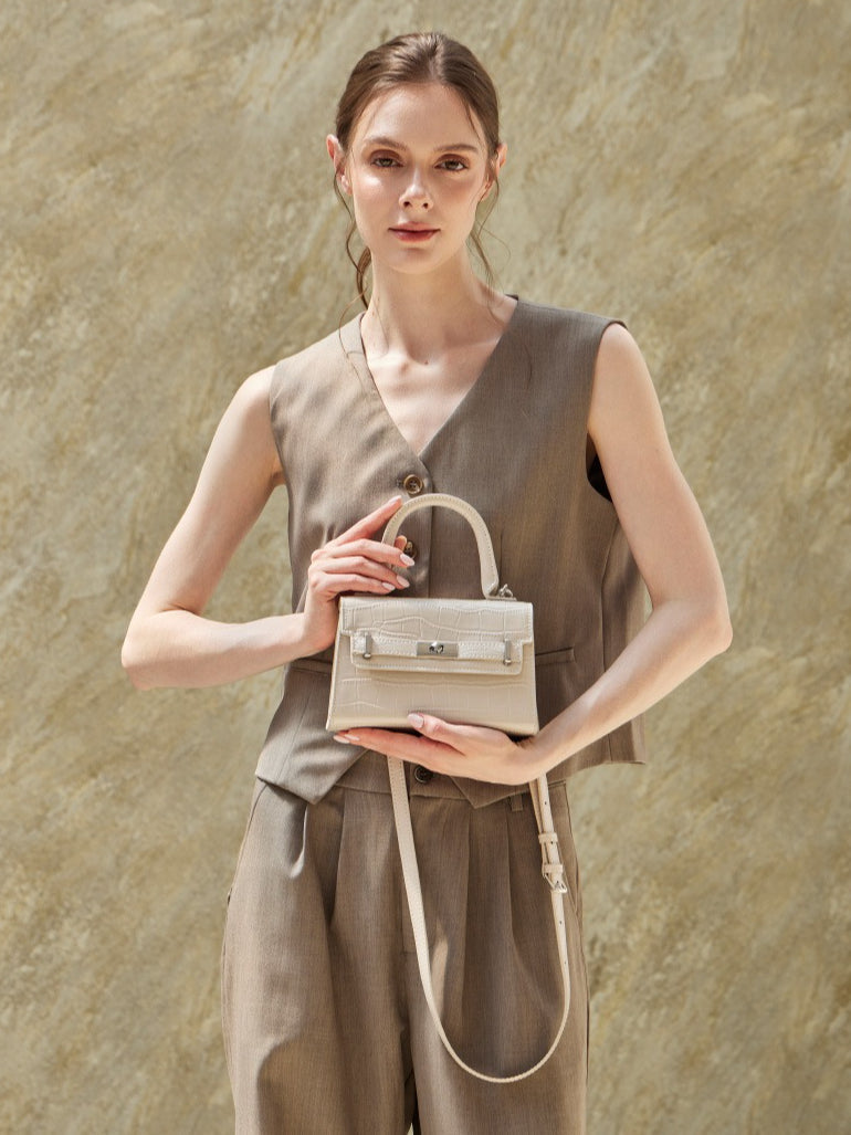 Women's Croc-Embossed Cowhide Structured Top-Handle Bag