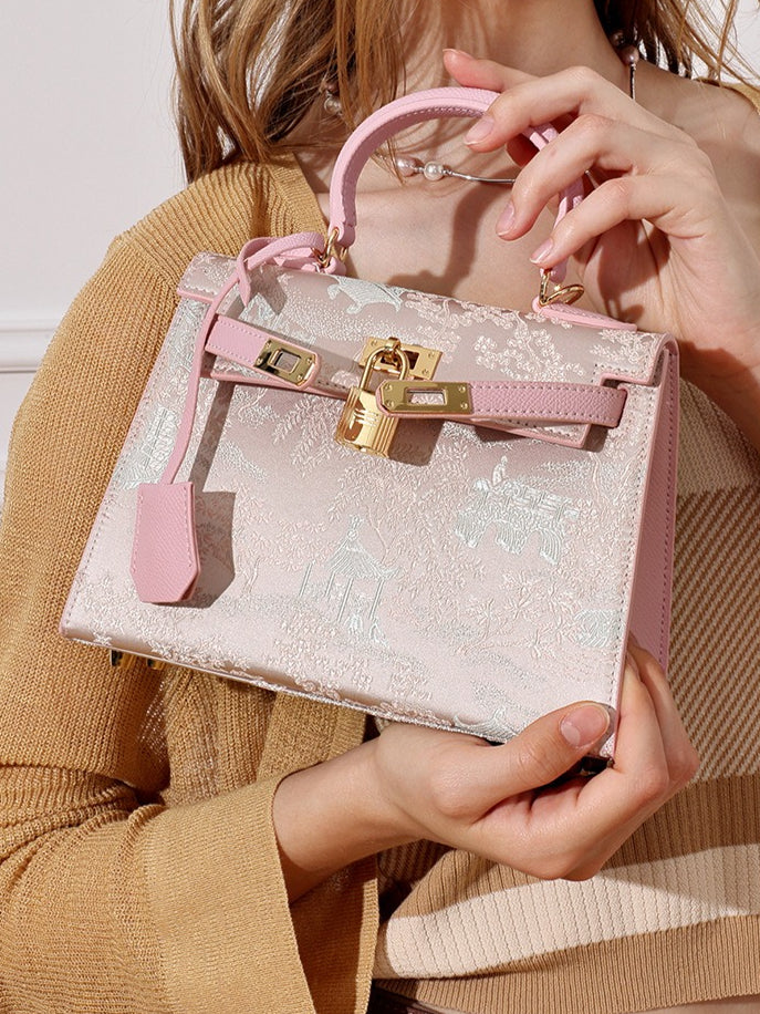 Women's Brocade Genuine Leather Kelly Bag with Padlock Charm