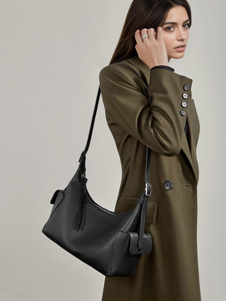 Women's Full-Grain Vegetable-Tanned Leather Tote Bag with Side Pockets