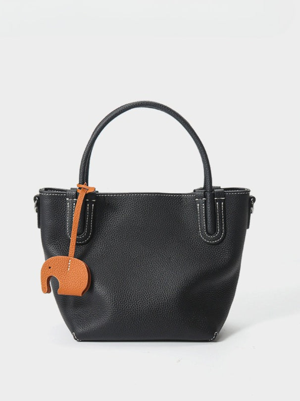 Women's Pebbled Cowhide Elephant Charm Mini Bucket Bag