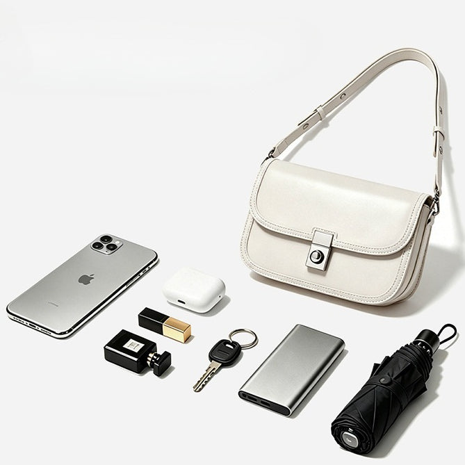 Women's Plain Cowhide Curved Satchel with Twist-Lock Closure
