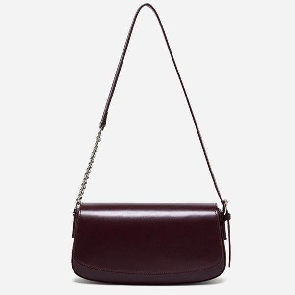 Women's Soft Cowhide Baguette Saddle Bag with Chain Strap