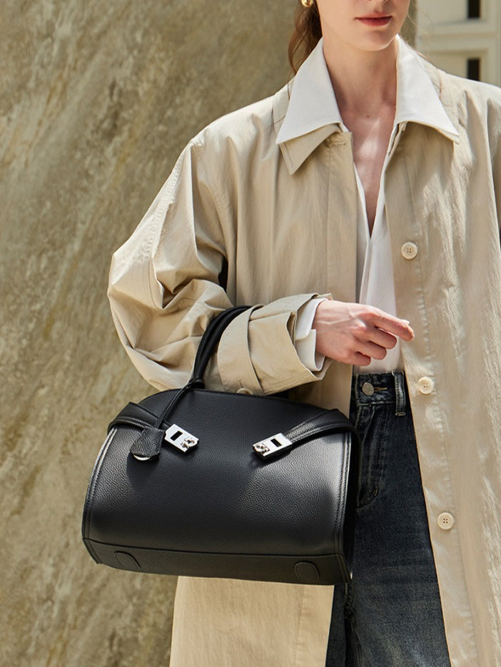 Women's Lychee-Grain Cowhide Double-Buckle Convertible Tote