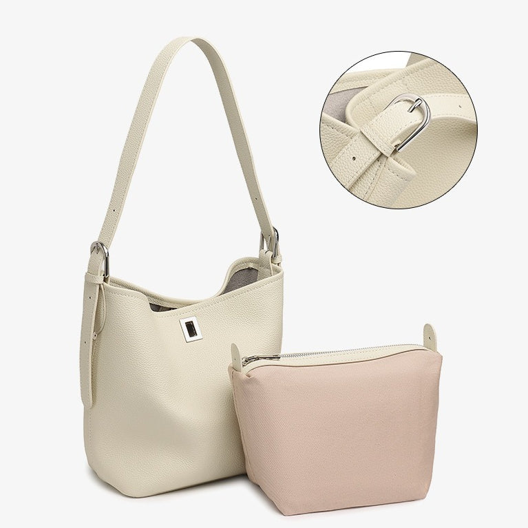 Women's Full-Grain Cowhide Sculpted Bucket Bag with Turn-Lock