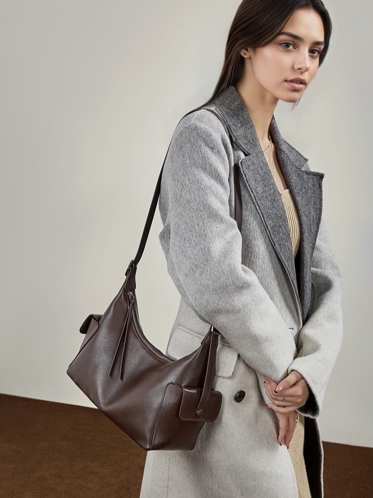 Women's Full-Grain Vegetable-Tanned Leather Tote Bag with Side Pockets
