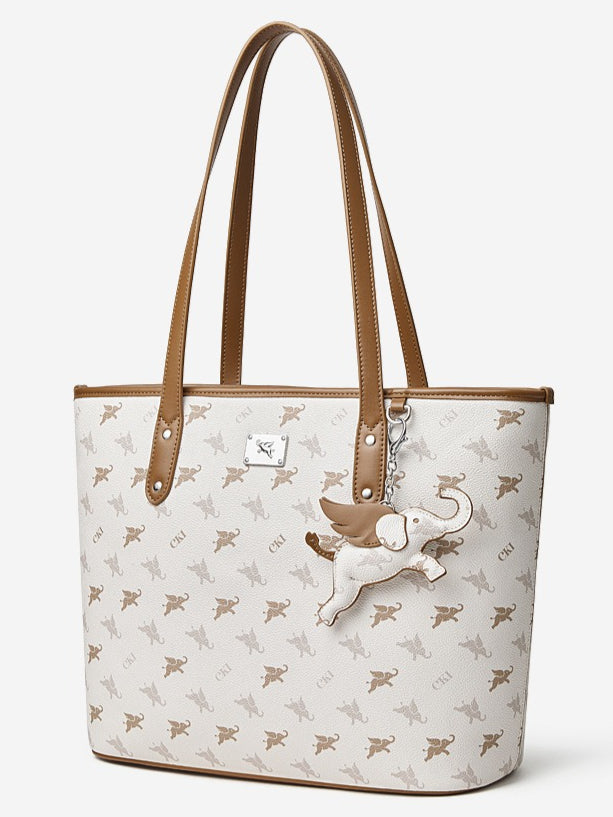 Women's Flying Elephant Printed Tote Bag with Detachable Charm