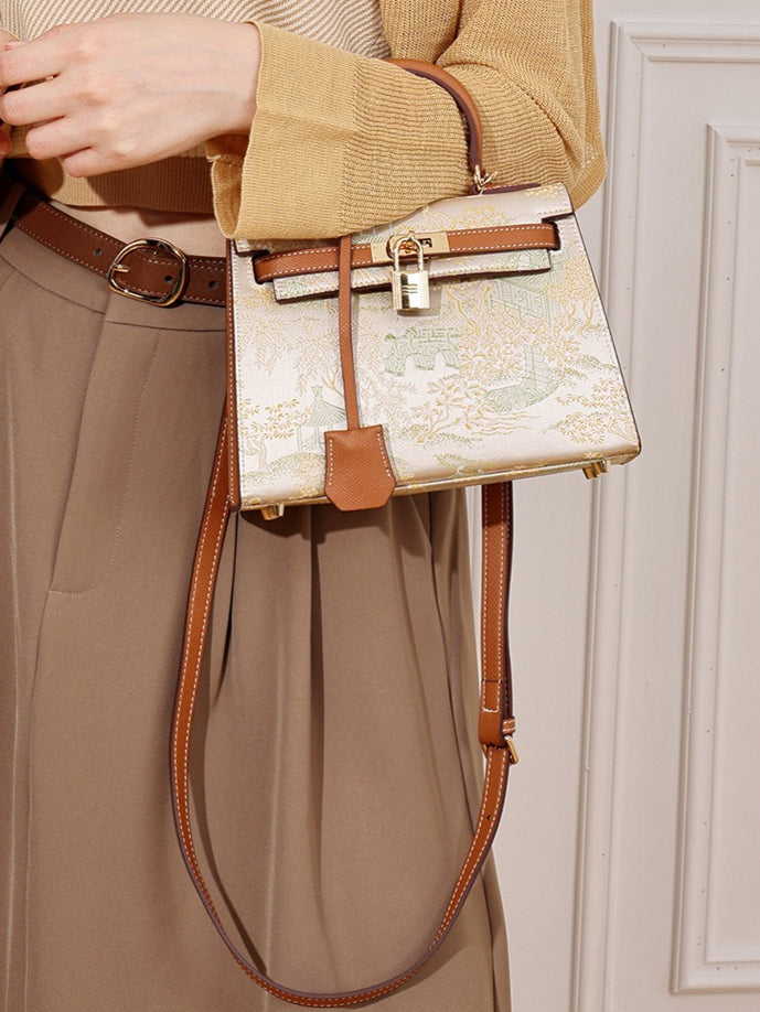 Women's Brocade Genuine Leather Kelly Bag with Padlock Charm