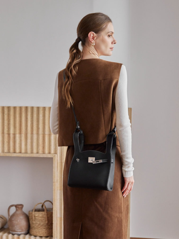 Women's Pebbled Cowhide Twist-Lock Bucket Bag with Inner Pouch