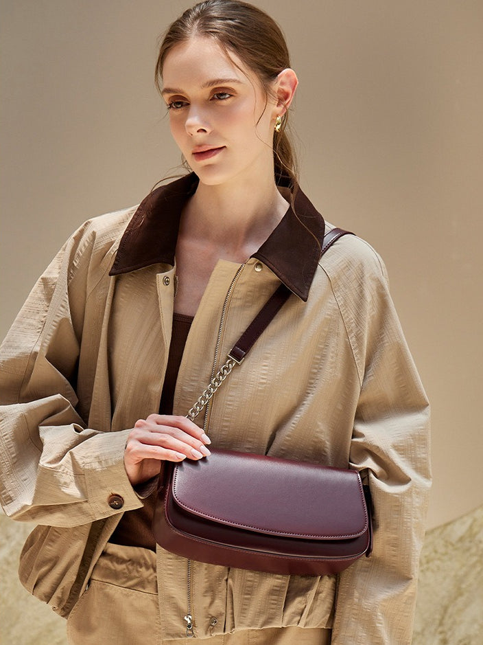 Women's Soft Cowhide Baguette Saddle Bag with Chain Strap