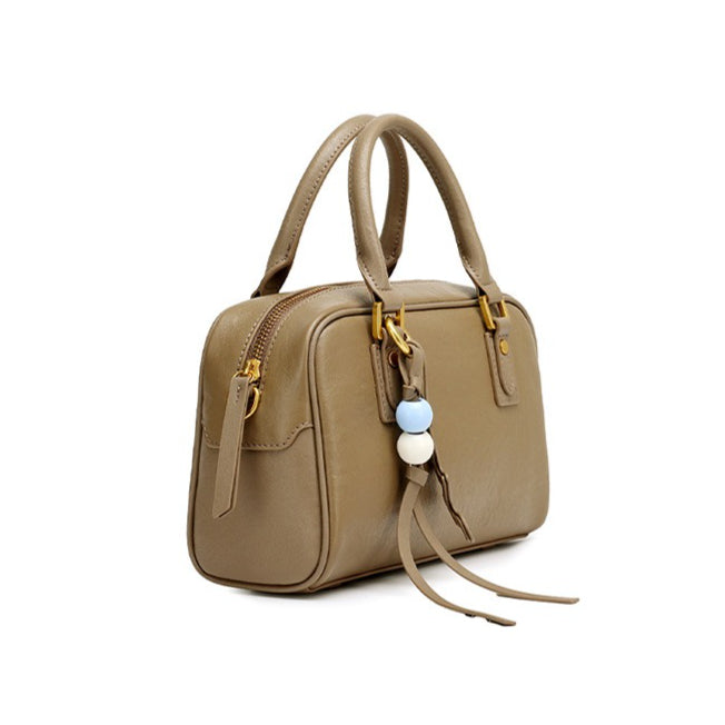 Women's Genuine Leather Boston Bag with Wavy Charm