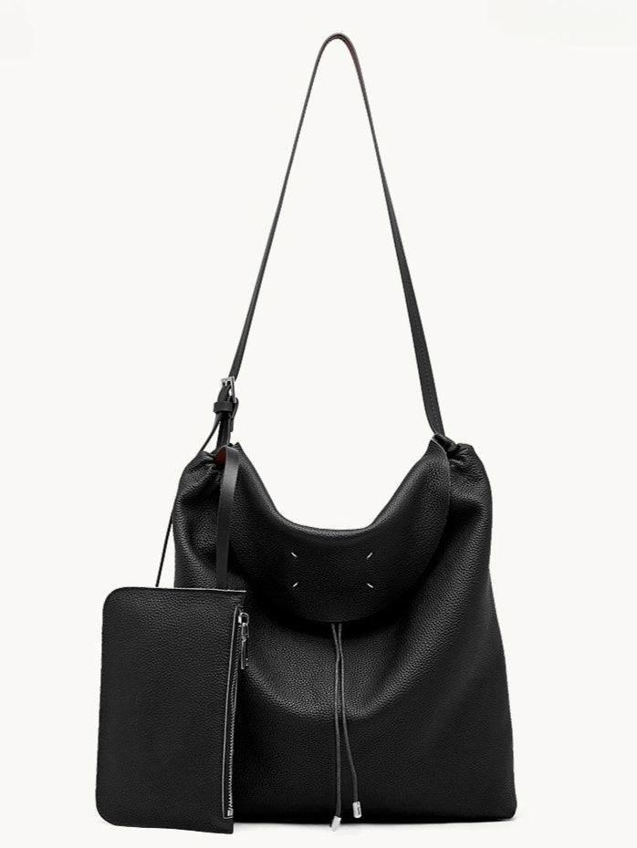 Women's Genuine Leather Slouch Tote Bag with Adjustable Strap & Detachable Pouch