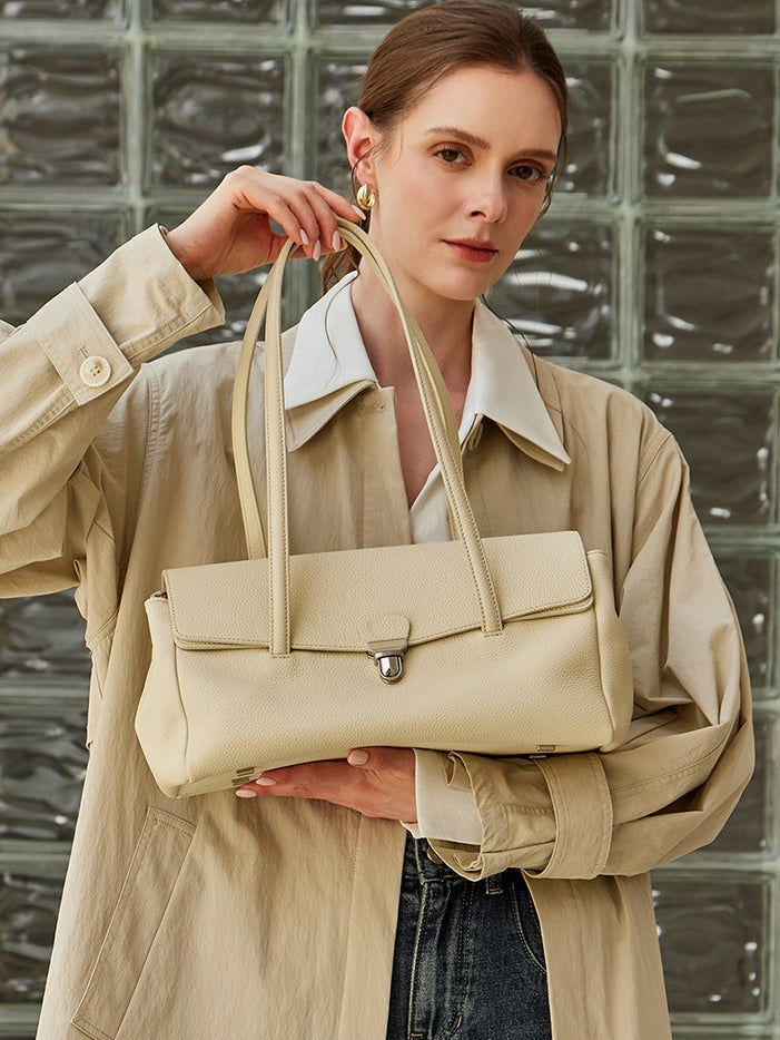 Women's Pebbled Cowhide Flap Tote with Twist-Lock Closure