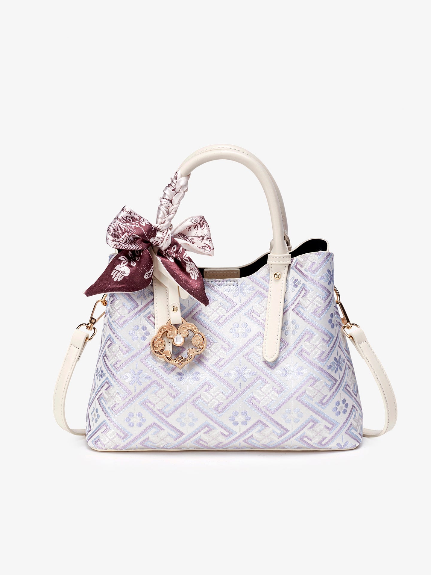 Women's Lavender Brocade Pattern Mini Tote with Scarf Bow