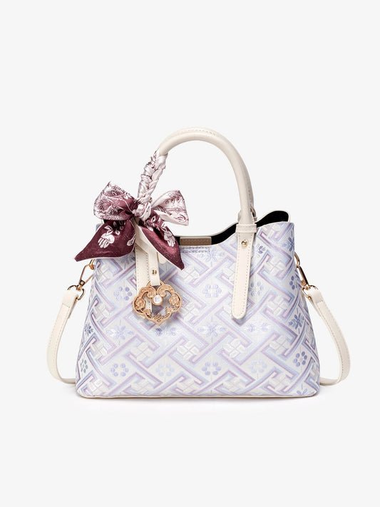 Women's Lavender Brocade Pattern Mini Tote with Scarf Bow