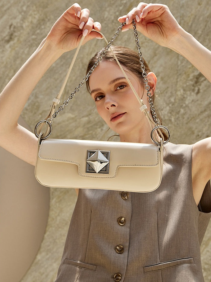 Women's Smooth Cowhide Silver-Buckle Baguette Shoulder Bag