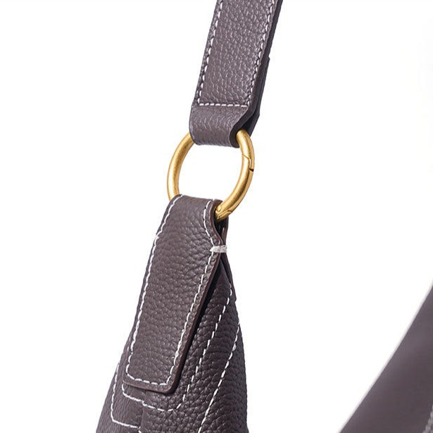 Women's Pebbled Cowhide Curved Hobo Bag with Contrast Stitching