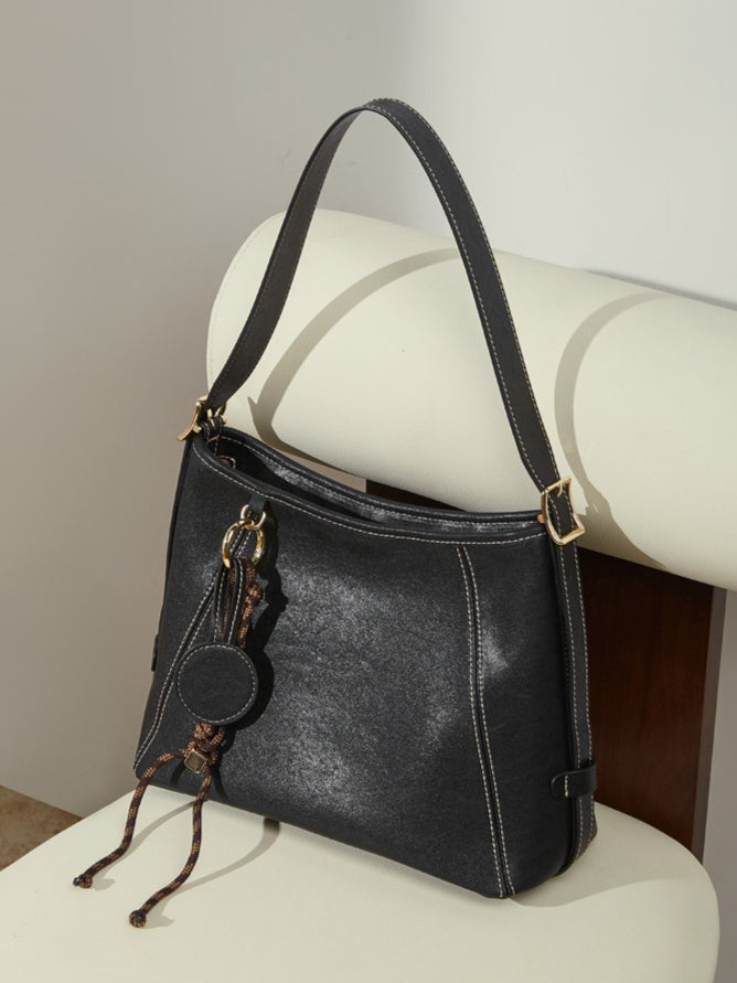 Women's Full-Grain Cowhide Contrast Stitch Hobo Bag