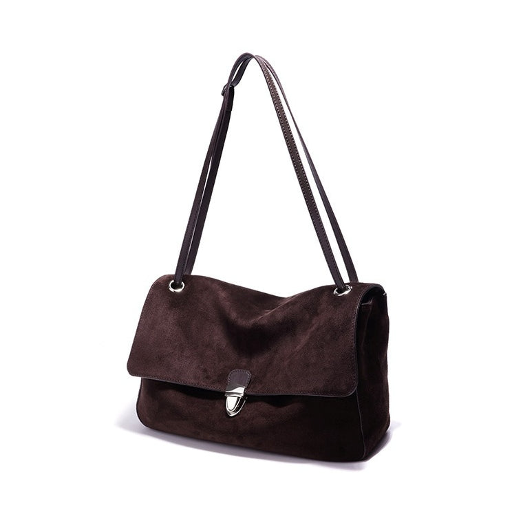 Women's Suede Leather Flap Shoulder Bag with Push-Lock