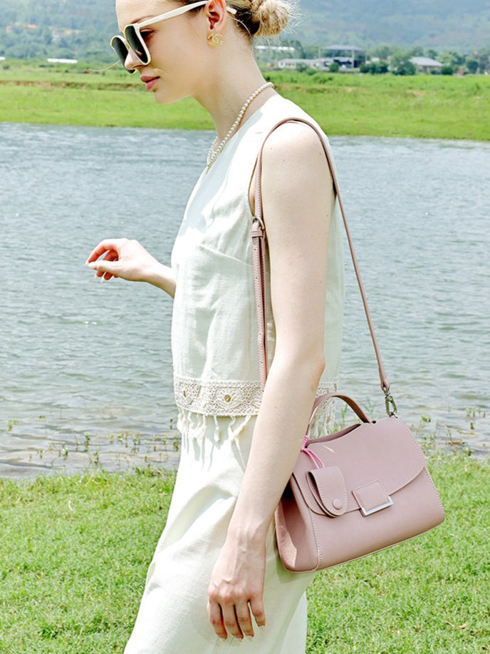 Women's Genuine Leather Square Flap Bag with Magnetic Closure